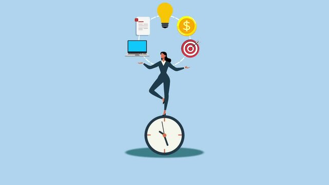 Mastering Time Management, A 4K Animation of a Businesswoman Balancing on a Clock While Juggling Tasks Efficiently