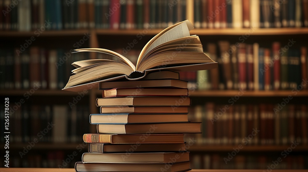 Poster a stack of books with an open book on top in a library, with a blurred background of bookshelves fil
