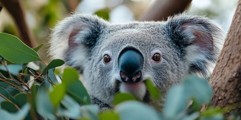 Obraz premium Koala peeking through eucalyptus leaves in australia