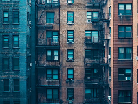Tall city apartment building blue facade urban residential exterior fire escapes modern geometric architectural design high rise structure contemporary metropolitan aesthetic wallpaper pattern advert