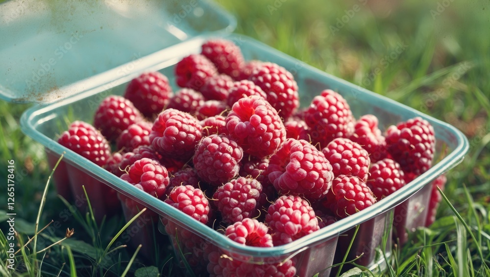 Poster fresh raspberries in a transparent plastic container placed on green grass with natural lighting and