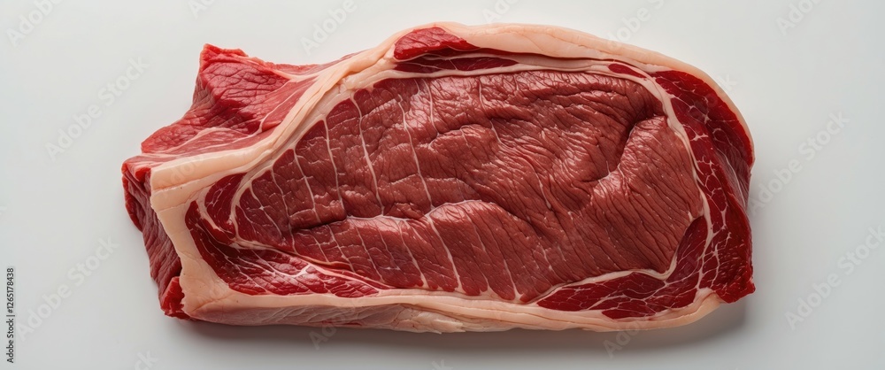 Poster raw marbled beef steak on white background with fresh texture and visible layers of fat copy space