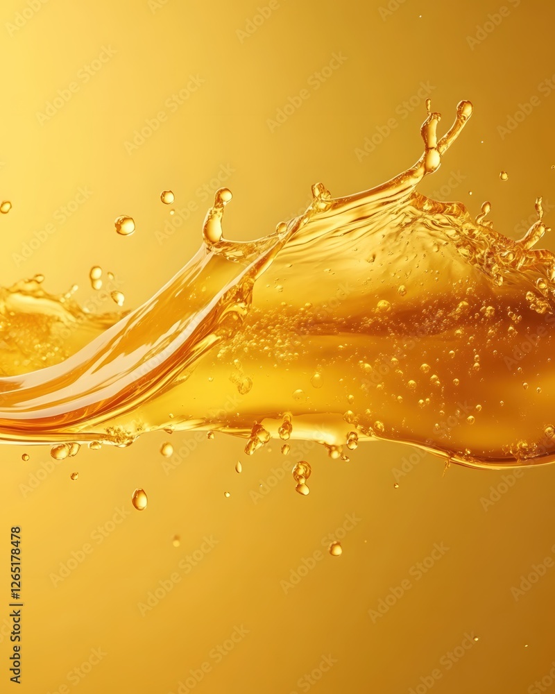 Poster golden liquid splash with bubbles on gradient background for refreshment and energy concept