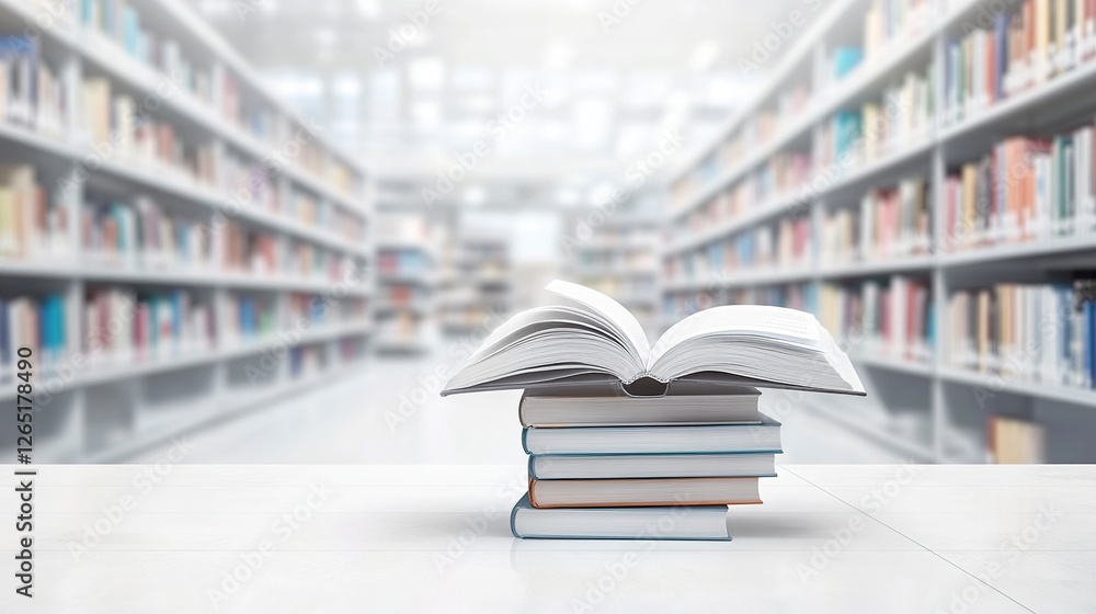 Poster a stack of books with an open book on top in a library, with a blurred background of bookshelves fil