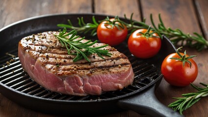 Grilled steak on a cast iron pan with rosemary and fresh cherry tomatoes on a wooden table Copy Space
