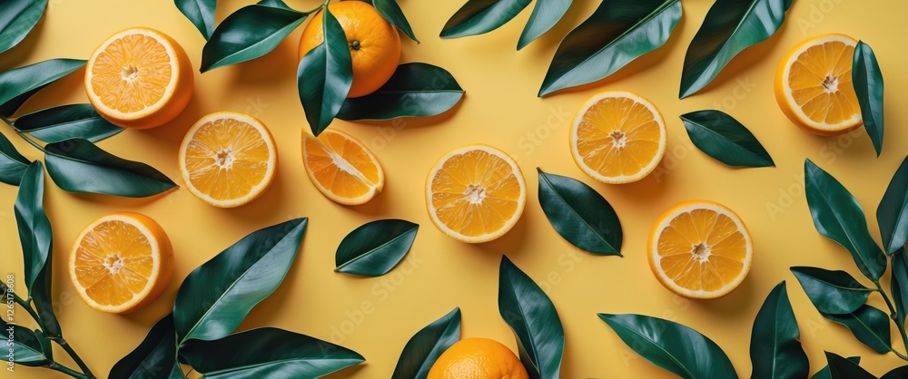 Poster slices of oranges and whole oranges arranged with green leaves on a yellow background with copy spac