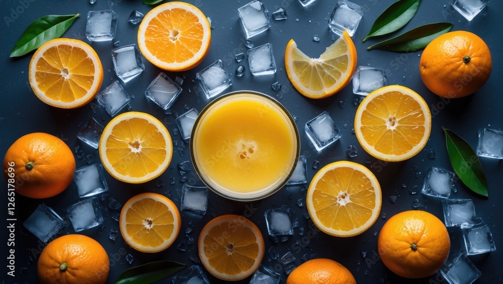 Poster fresh orange juice surrounded by whole and sliced oranges on a dark background with ice cubes and gr