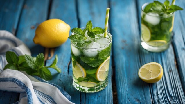 Mint lemonade with ice and lemon slices served in a glass on a rustic blue wooden table with a lemon and mint leaves around. Copy Space
