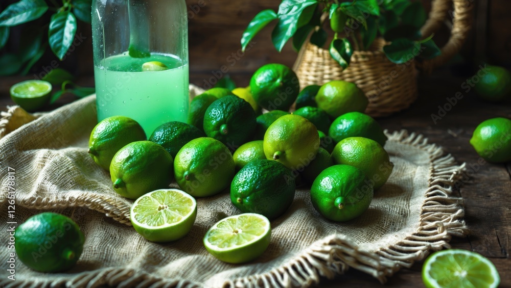 Poster fresh limes and lime juice in a glass bottle with a rustic setting and woven basket on a wooden surf