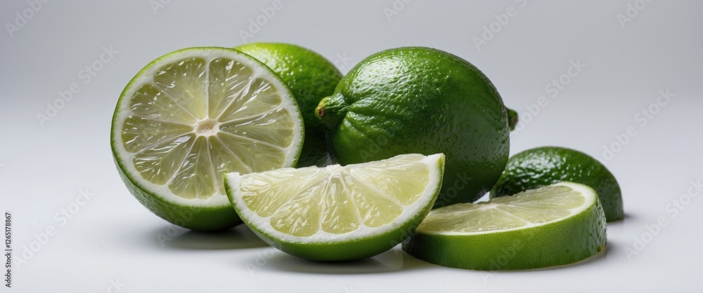 Poster fresh limes and lime slices arranged on a light background with copy space for text placement.