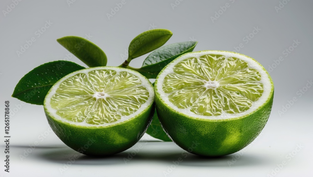 Poster freshly sliced green lime halves with leaves on a neutral background showcasing texture and detail c