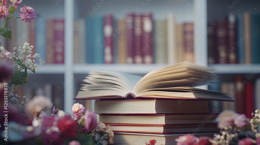Poster a stack of books with an open book on top in a library, with a blurred background of bookshelves fil