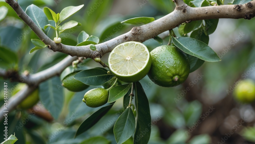 Poster fresh lime fruit on branch with green leaves and sliced lime showing inner texture on blurred backgr
