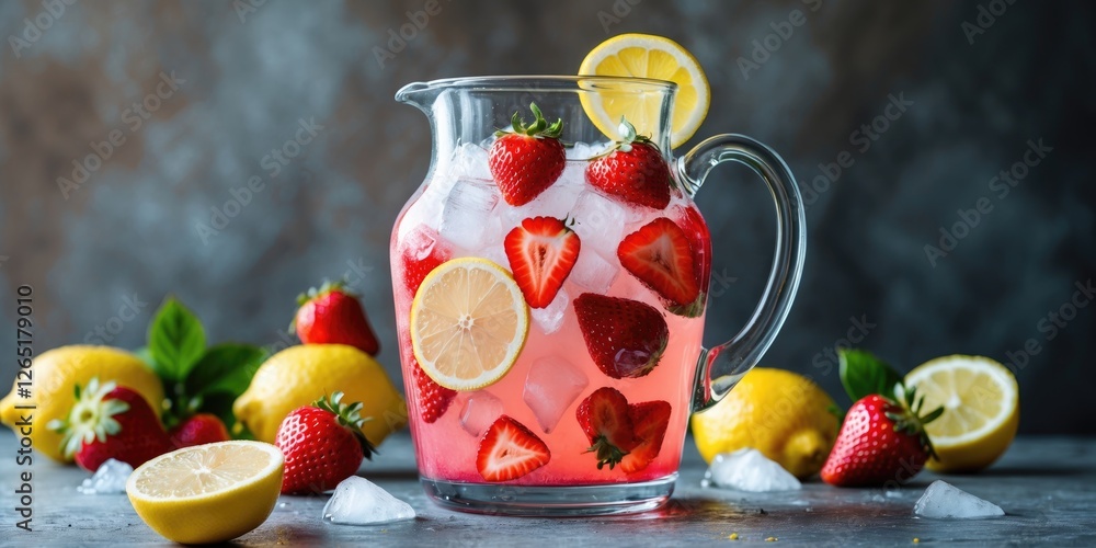 Poster fresh strawberry lemonade in a glass pitcher with ice and lemon slices surrounded by strawberries an