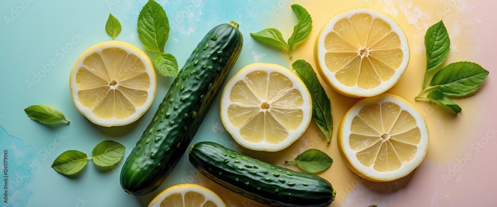 Poster lemon slices and cucumber on a colorful background with fresh green leaves arranged in a flat lay co