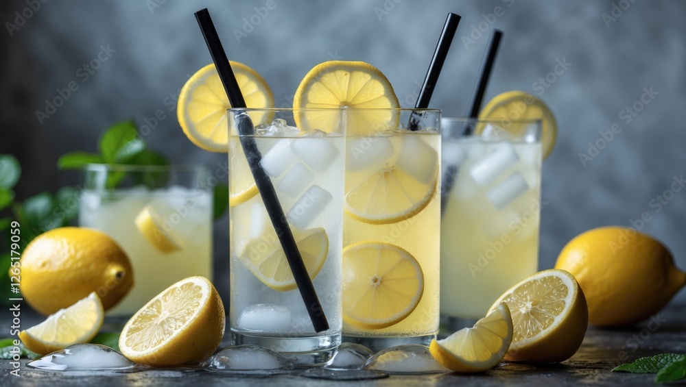 Poster lemonade drinks with ice and lemon slices in glasses surrounded by fresh lemons on a table with natu