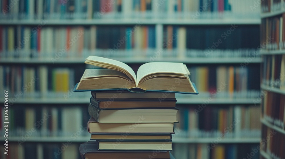 Poster a stack of books with an open book on top in a library, with a blurred background of bookshelves fil