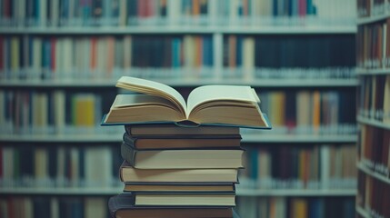Fototapeta premium A stack of books with an open book on top in a library, with a blurred background of bookshelves filled with various types and colors of educational books, minimal concept,