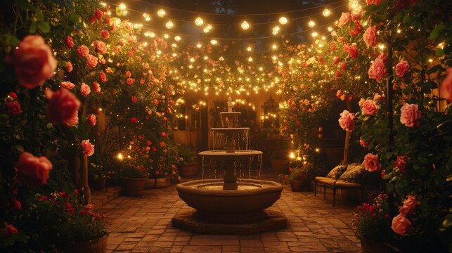 Enchanting backyard garden with string lights and fountain at twilight