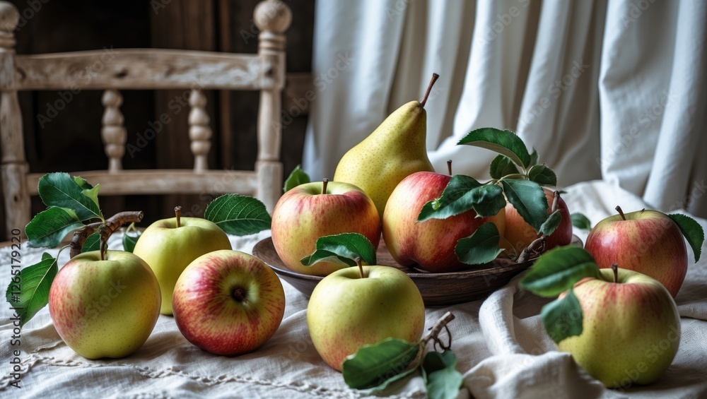 Poster freshly harvested apples and a pear arranged on a rustic table with green leaves and soft natural li