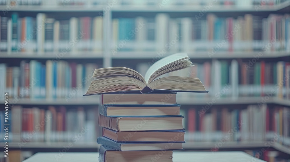Poster a stack of books with an open book on top in a library, with a blurred background of bookshelves fil