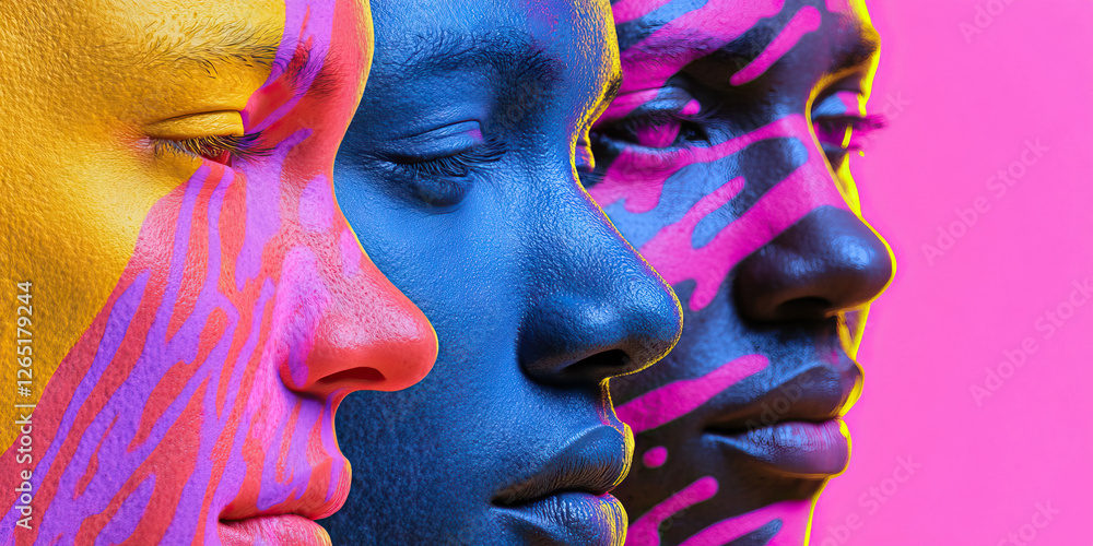 Poster three faces with abstract paint patterns