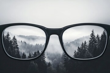 Through a woman’s glasses, a colorful view of river and forest stands out against a monochrome background, symbolizing better vision and altered world perception