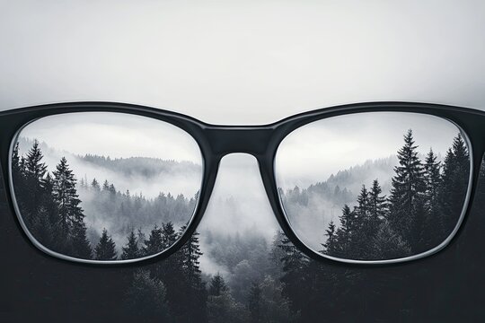 Through a woman’s glasses, a colorful view of river and forest stands out against a monochrome background, symbolizing better vision and altered world perception