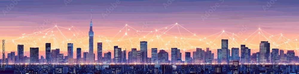 Poster twilight metropolis a futuristic scene of an illuminated city skyline with connecting light web