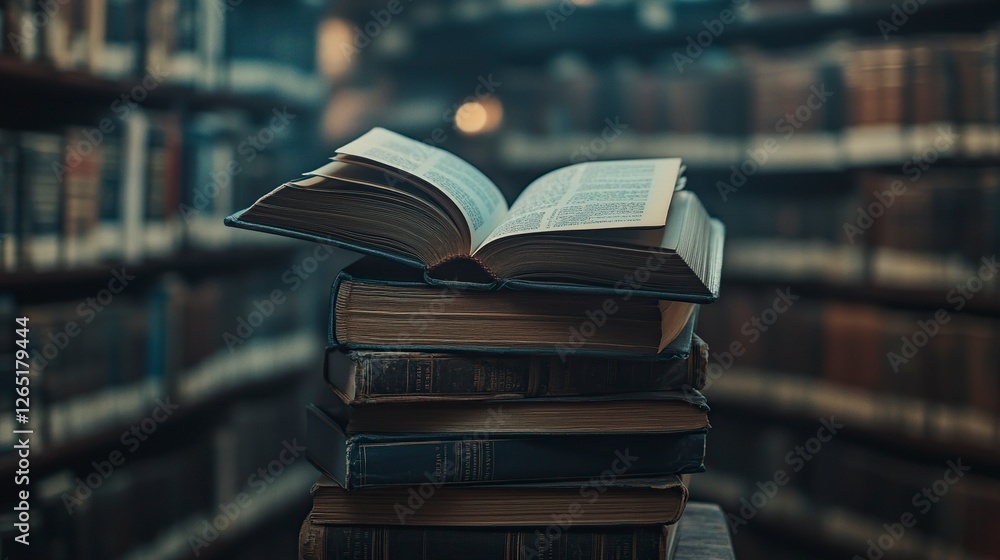 Poster a stack of books with an open book on top in a library, with a blurred background of bookshelves fil