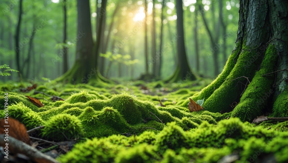 Poster lush green moss covering forest floor with tree trunks illuminated by soft sunlight with bokeh effec