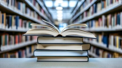 Fototapeta premium A stack of books with an open book on top in a library, with a blurred background of bookshelves filled with various types and colors of educational books, minimal concept,
