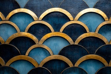 Decorative wall design featuring overlapping blue and gold scalloped patterns in an elegant setting