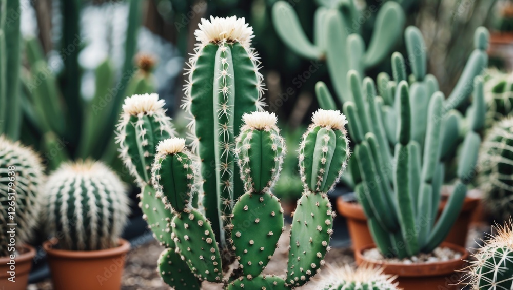 Poster cacti in various shapes and sizes with flowers growing in a greenhouse setting surrounded by multipl