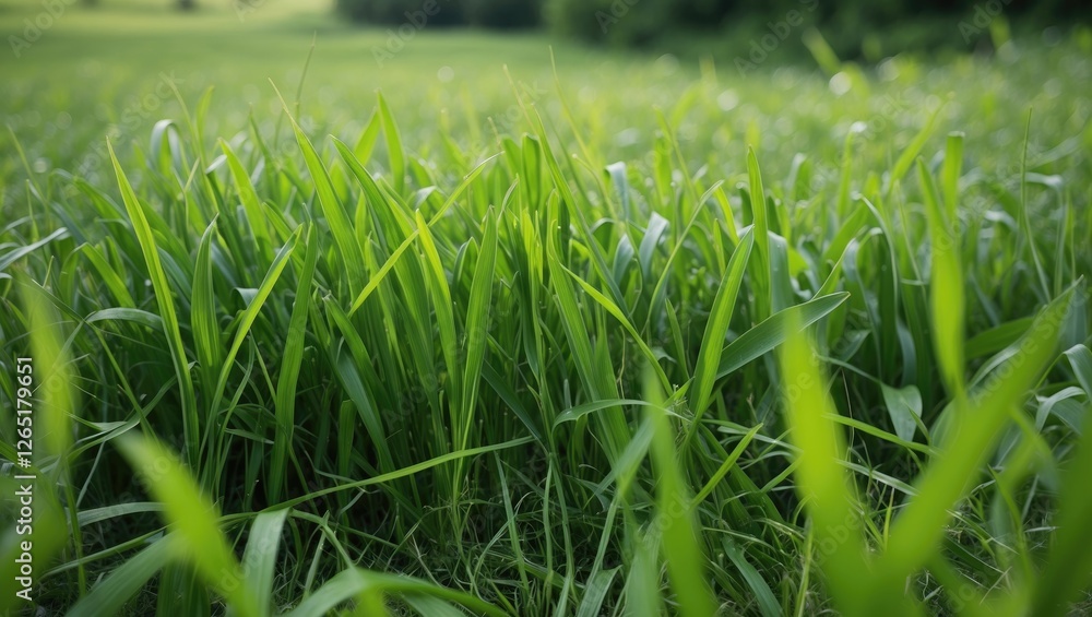 Poster lush green grass growing in a field with a blurred background showcasing the depth of field and natu