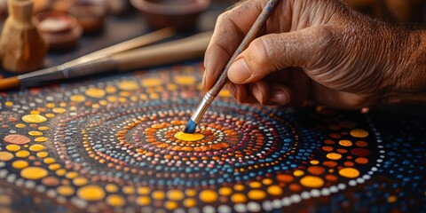 Artist painting colorful dots on aboriginal artwork in australia