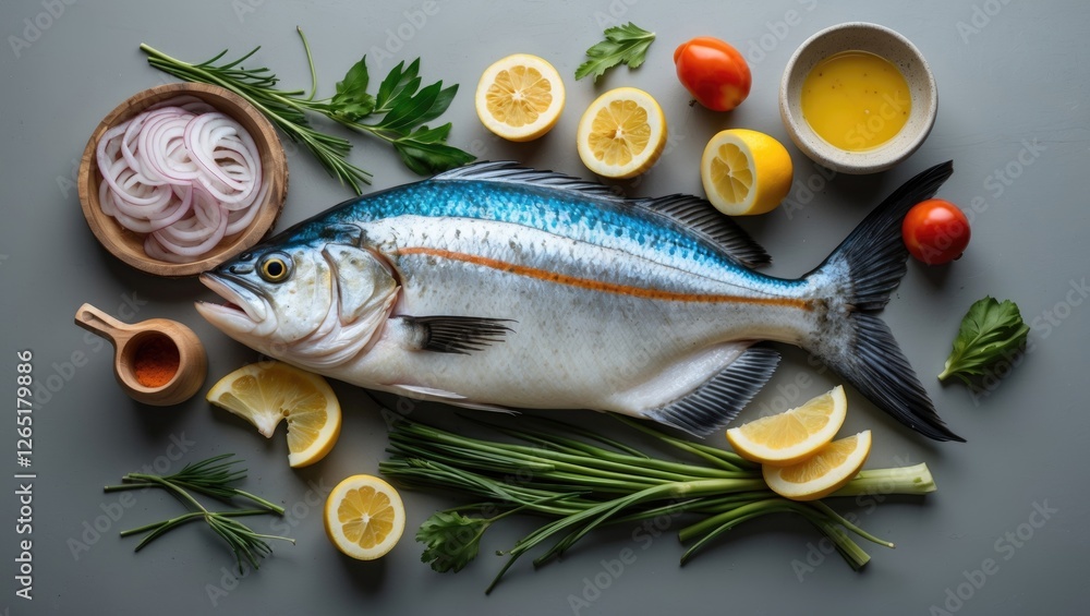 Poster fresh fish displayed with vegetables and lemon on grey background copy space