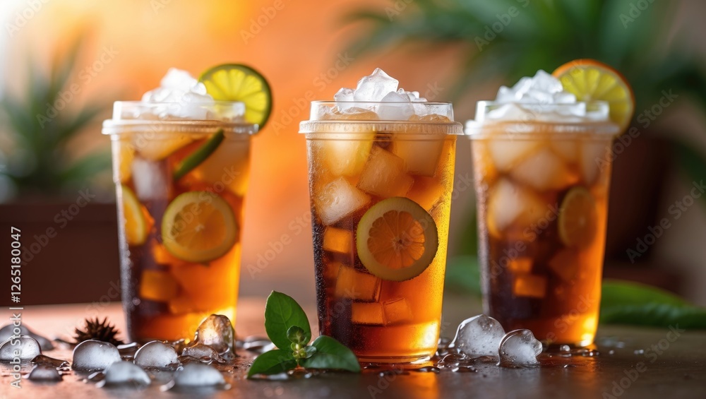 Poster refreshing iced beverages with lemon slices and ice in clear cups on wooden table with greenery in t