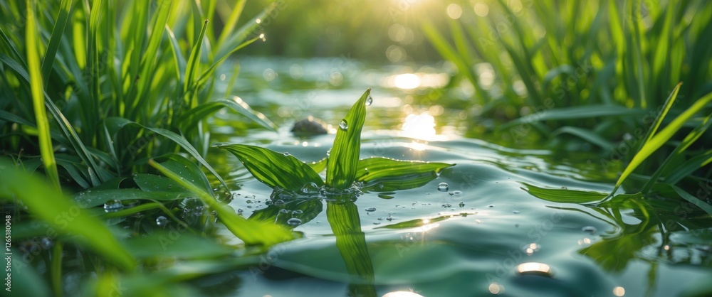 Aufkleber fresh green grass and water reflection in natural sunlight with shallow depth of field and copy spac