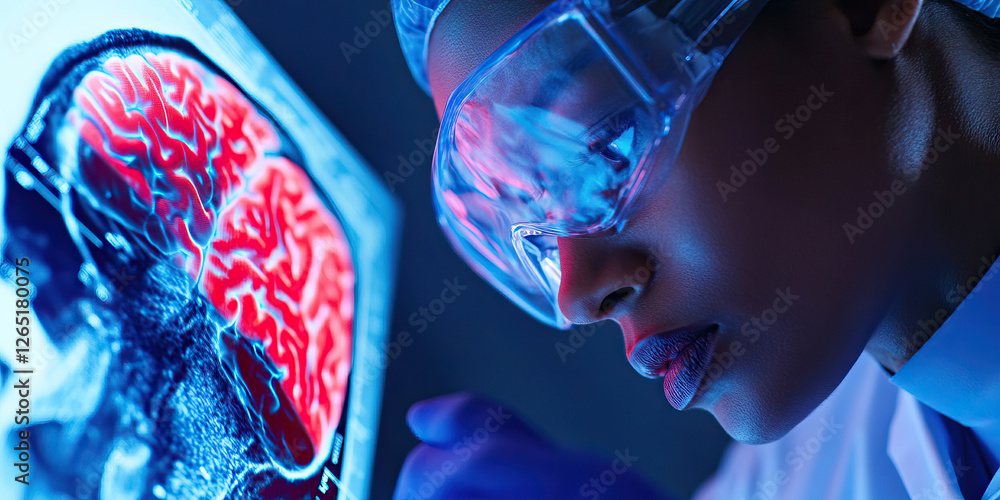 Poster scientist examining brain scan