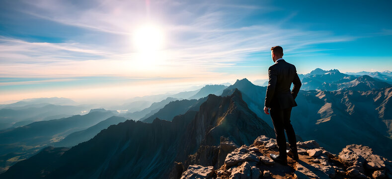illustration Bussines man in black tuxedo success or woman successfull to the top of mountain celebrate bussines win and happy to help friends too