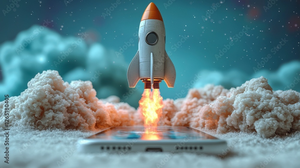 Poster a whimsical scene showing a rocket taking off from a smartphone amidst fluffy clouds, representing t