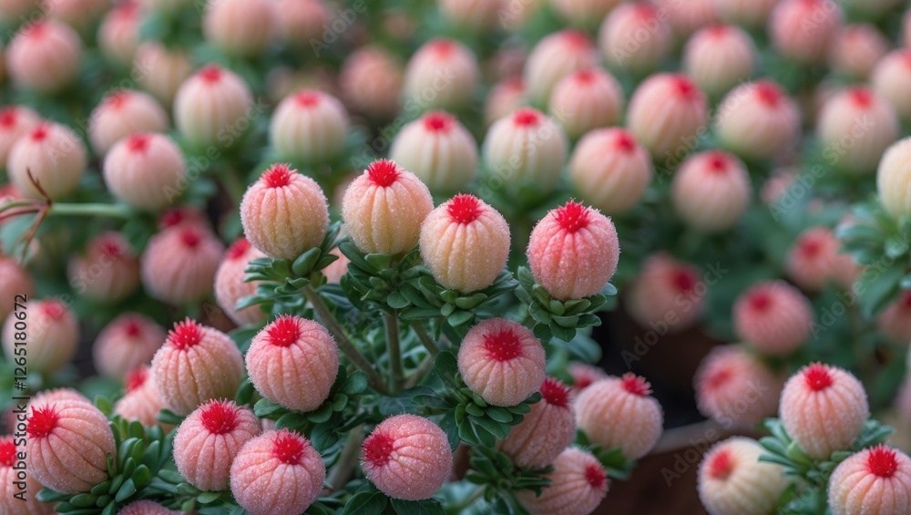 Poster close-up of clustered pink and red flowers in a garden setting with greenery and soft-focus backgrou