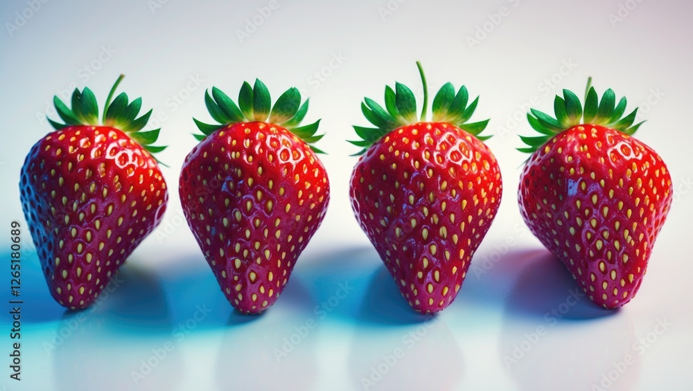 Poster fresh red strawberries arranged in a row on a light background with colorful lighting and copy space