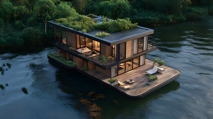 Obraz premium Modern floating house with lush greenery on the roof, surrounded by tranquil waters and trees