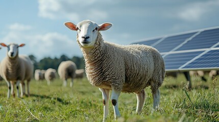Fototapeta premium A sheep stands in a green field near solar panels, showcasing sustainable farming and renewable energy coexistence.