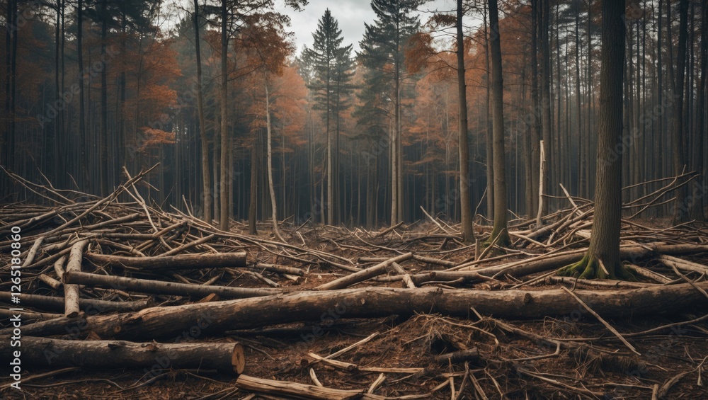 Poster aerial view of a forest with fallen logs on the ground during autumn season with trees in the backgr