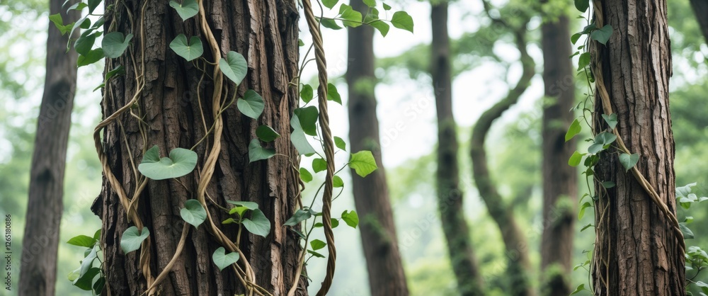 Poster lush forest with trees covered in green vines and leaves creating a natural backdrop with soft focus
