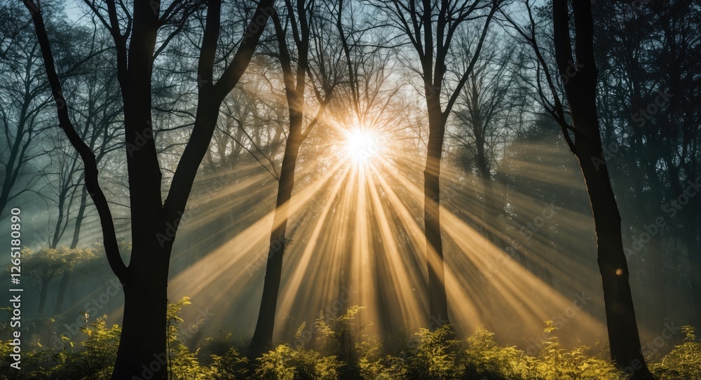 Poster sunlight streaming through trees in a misty forest creating dramatic light rays and adding depth to 