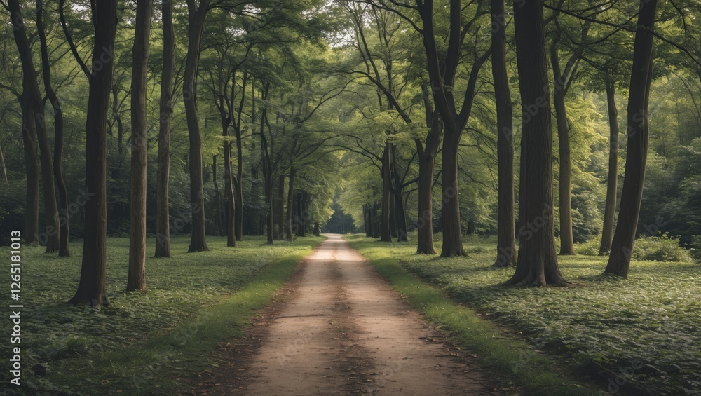 Poster tree-lined pathway through a lush green forest with dappled sunlight creating shadows on the ground 